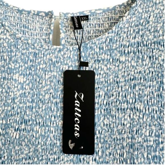 Zattcas Blue White Floral Short Sleeve Smocked Tiered Maxi Dress Size XXL NEW - Picture 2 of 11